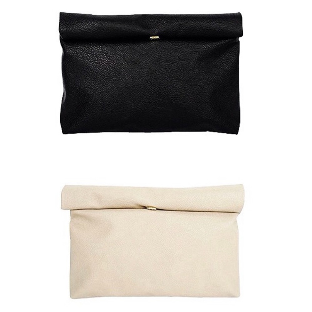 MINIMALIST FAUX LEATHER LEATHER PAPER BAG ROLL UP CLUTCH PURSE BAG